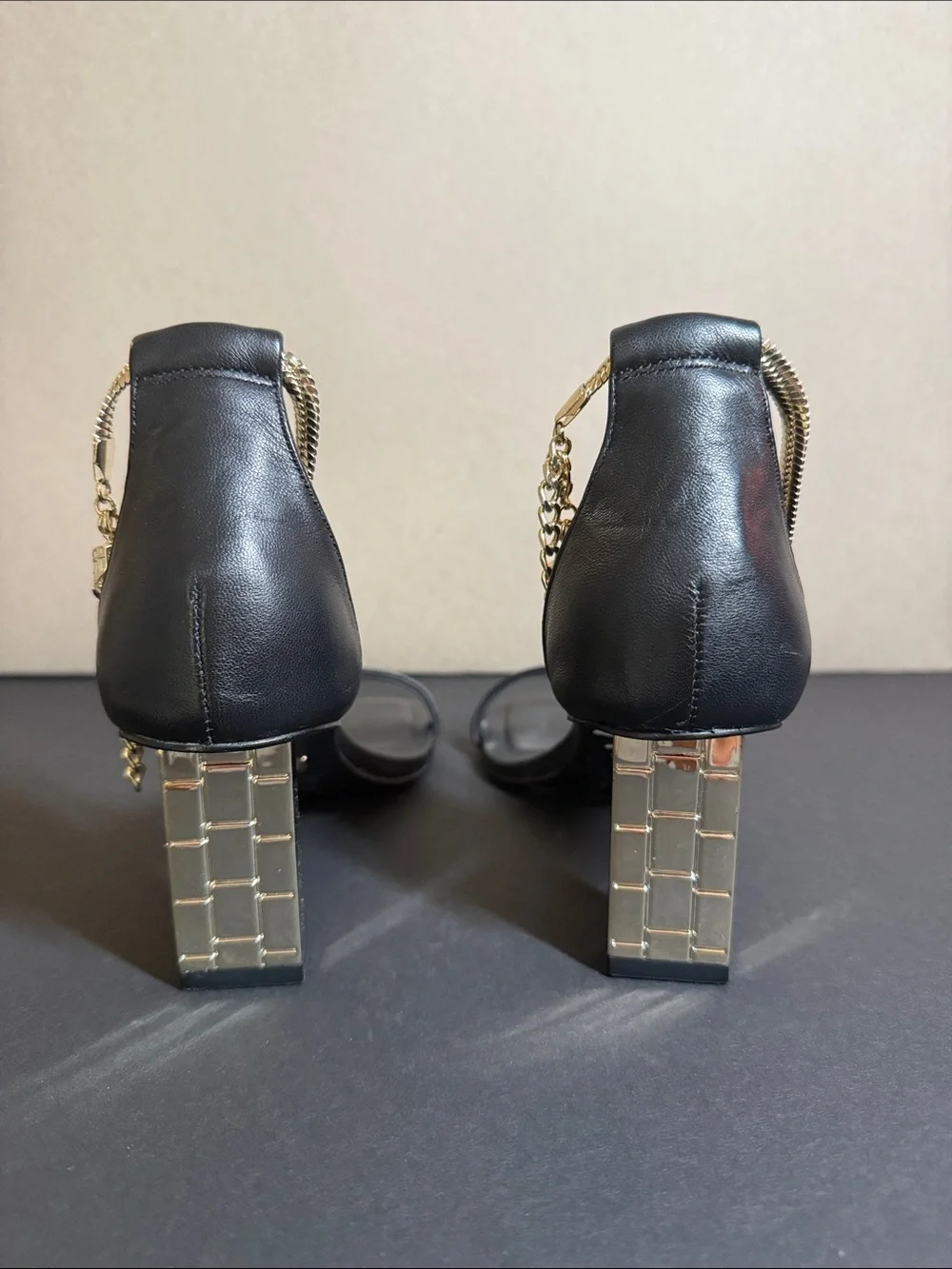 Aldo Black Square-Toe Block Heel Sandals with Gold Chain